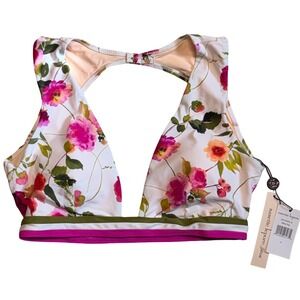 Nanette Lepore Floral Silk Blossoms Bikini Top White Pink V-Neck Swim Womens 8